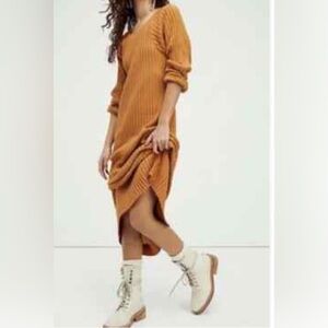 Free People Beach Walk About Stretch Maxi Dress Casual Ribbed Mustard Size L